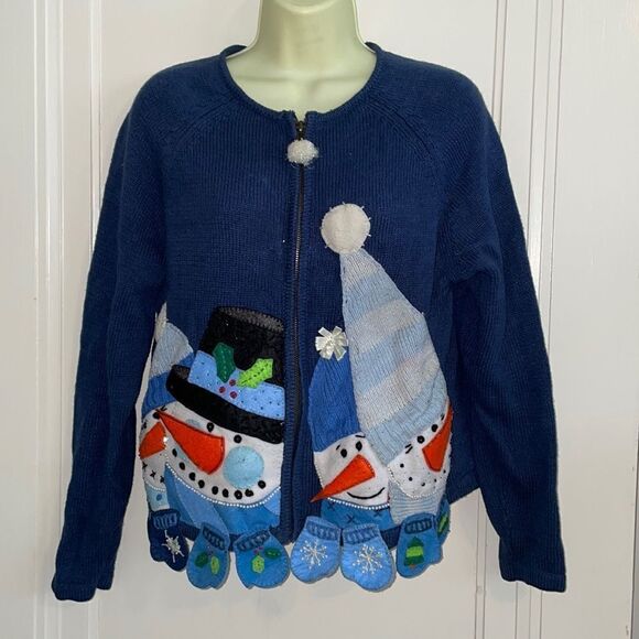 Vintage 2002 Tiara Petites blue zip up Christmas/Holiday snowman sweater - Picture 1 of 8